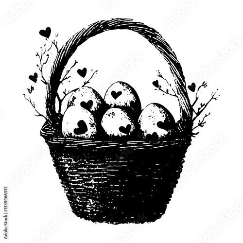 black and white vintage vector of easter basket with eggs and hearts, holiday illustration