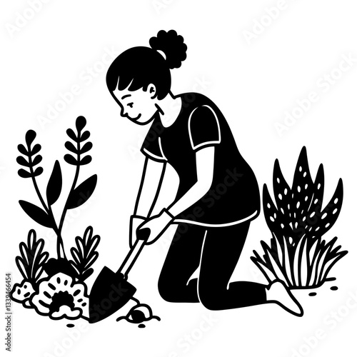 Silhouette vector illustration of a gardener working in a garden, symbolizing care, nature, and dedication