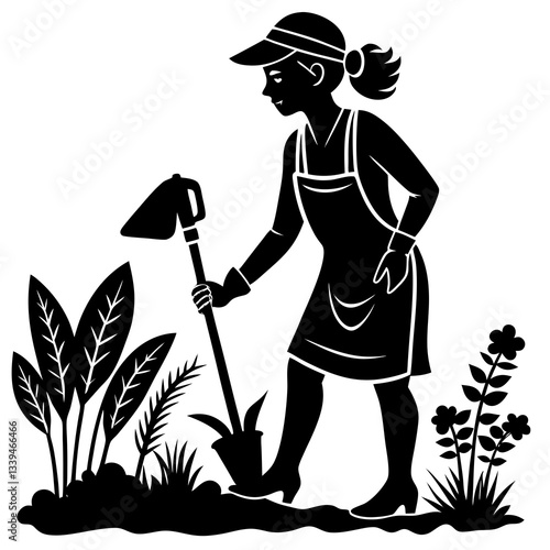 Silhouette vector illustration of a gardener working in a garden, symbolizing care, nature, and dedication