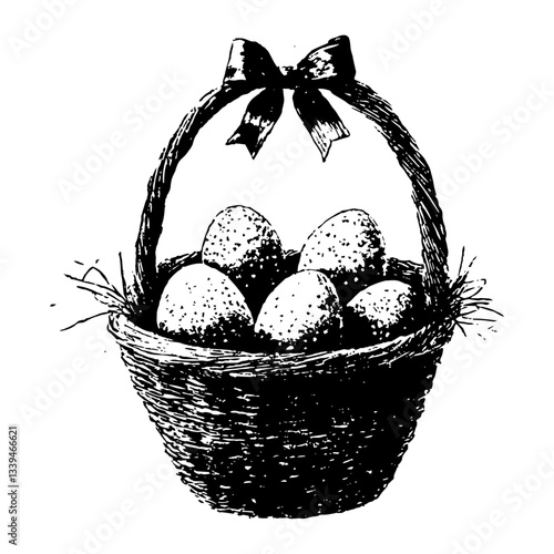 Black and white retro vector of a wicker basket filled with eggs
