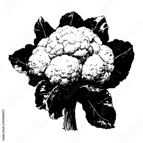 Hand‑drawn stipple cauliflower head with leaves – monochrome vector illustration