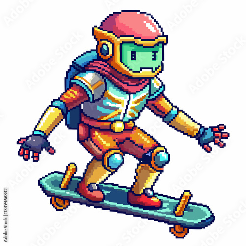 Pixel Art Astronaut Skateboarding Retro Futuristic Space Adventure
