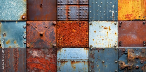 Various weathered and rusty metal panels arranged in a grid pattern