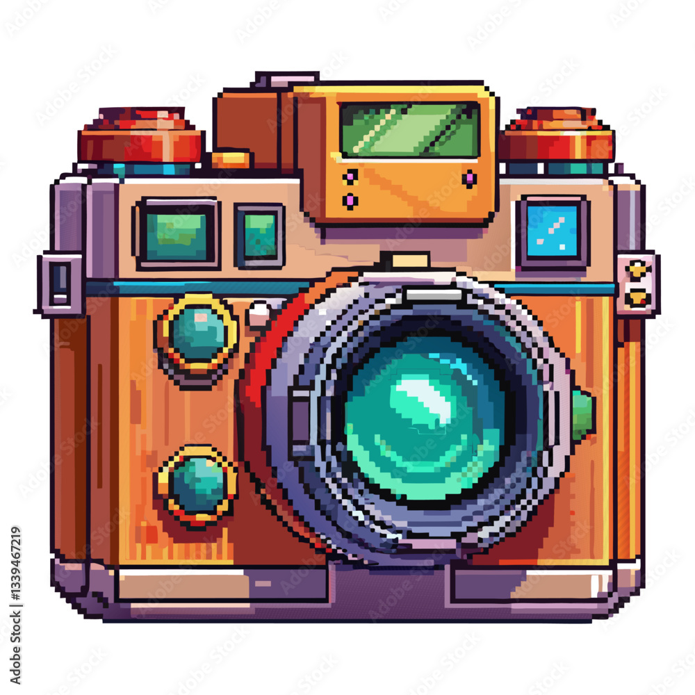 Fototapeta premium Vintage Pixel Art Camera with Retro Colors and Detail