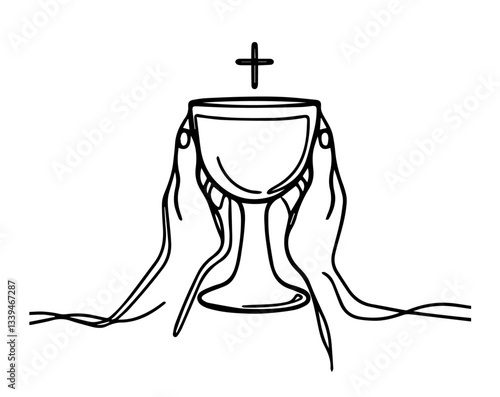 Single continuous line communion chalice with cross – minimalist vector illustration