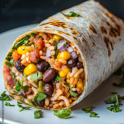 Delicious vegetarian burrito with rice beans corn and salsa food meal tasty lunch fresh spicy dinner