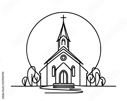 Single line church with steeple and trees – minimalist vector illustration