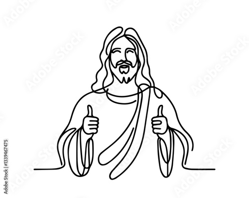 line art vector of jesus with both thumbs up, cheerful and symbolic gesture