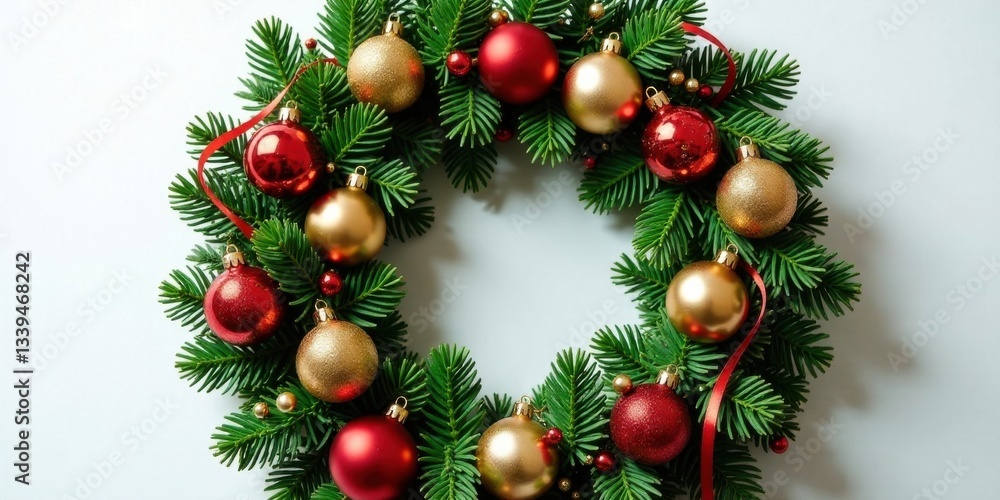 Festive evergreen wreath adorned with shimmering gold and rich red ornaments, tied with elegant red ribbons, perfect for seasonal celebrations and holiday decor. Festive evergreen wreath adorned with shimmering gold and rich red ornaments, tied with elegant red ribbons, perfect for seasonal celebrations and holiday decor.