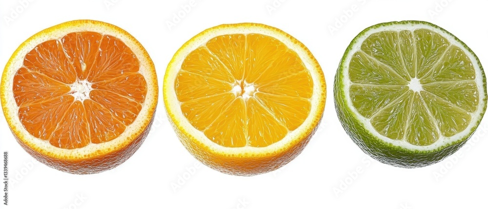 Obraz premium Vibrant Citrus Trio Orange Yellow and Lime Slices on White Background Freshness and Zest Capturing Summer Flavors in a Studio Shot