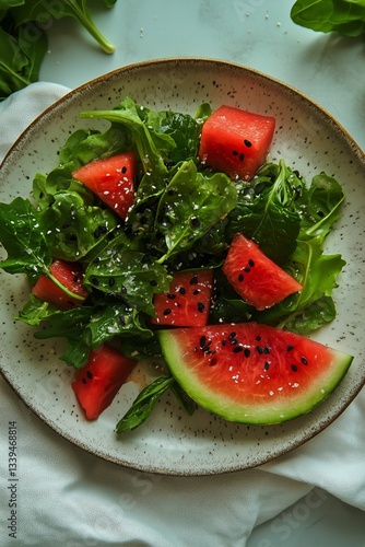 Fresh Salad on Plate With Watermelon, Arugula, and Tomatoes Served