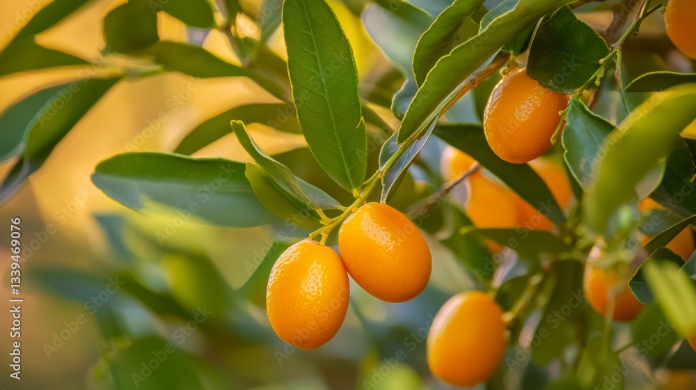 Ripe Kumquats Hanging on Tree Branches in Sunlight, Close-Up Fruit Ripe Kumquats Hanging on Tree Branches in Sunlight, Close-Up Fruit
