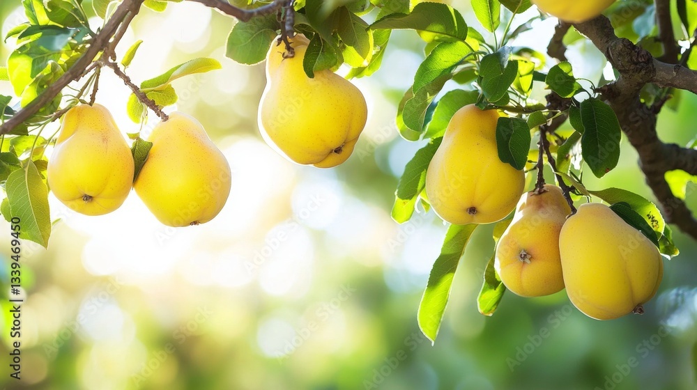 Ripe Quinces Hanging on Tree Branches in Sunlight, Close-Up Fruit