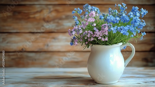 Wallpaper Mural Forget-me-nots Arrangement in White Pitcher Stands on Wooden Table Torontodigital.ca