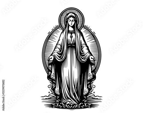 Vintage engraved Our Lady of Guadalupe on crescent with roses – black‑and‑white vector illustration