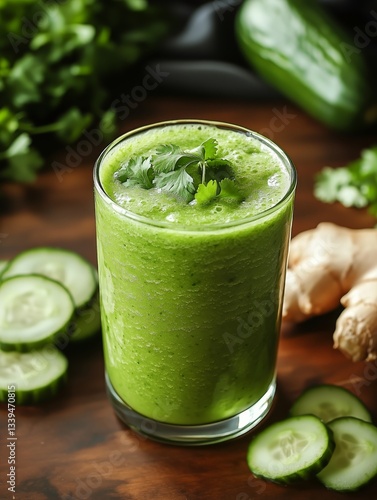 Glass of Green Smoothie With Cucumber, Ginger and Cilantro on Wood Surface