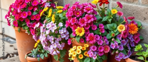Wallpaper Mural Vibrant perennial flowers overflowing from terracotta pots, blooming, decoration Torontodigital.ca