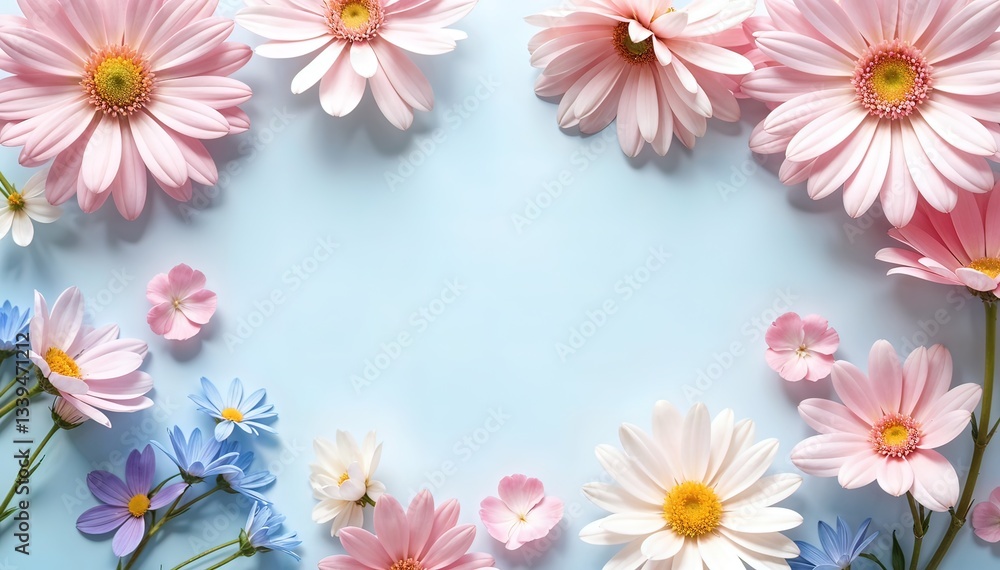 A variety of pastel flowers arranged in a frame on a light blue background. The image is captured in a way that emphasizes softness, brightness, and nature. A variety of pastel flowers arranged in a frame on a light blue background. The image is captured in a way that emphasizes softness, brightness, and nature.