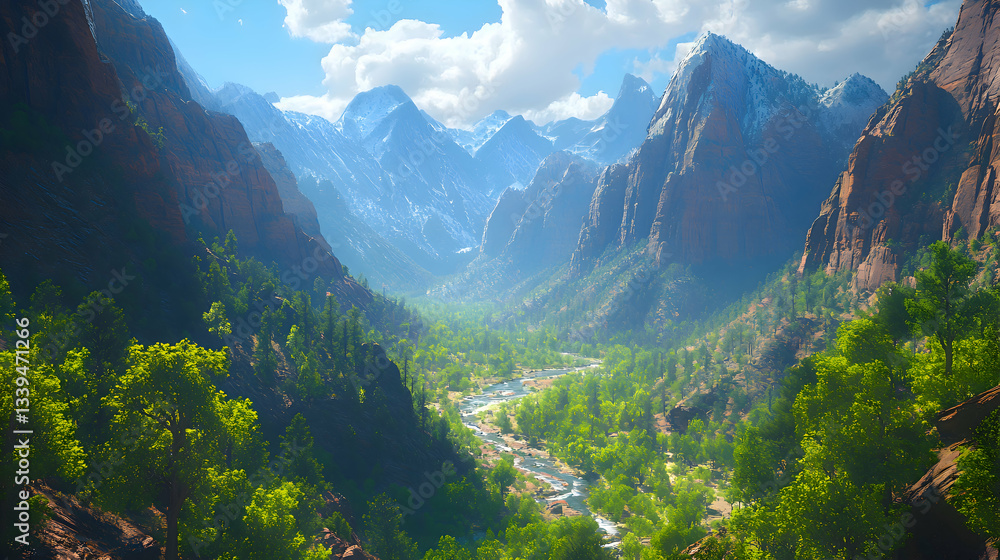 Obraz premium A breathtaking shot of layered rock formations in Utah Zion National Park, with soft shadows creating depth in the landscape