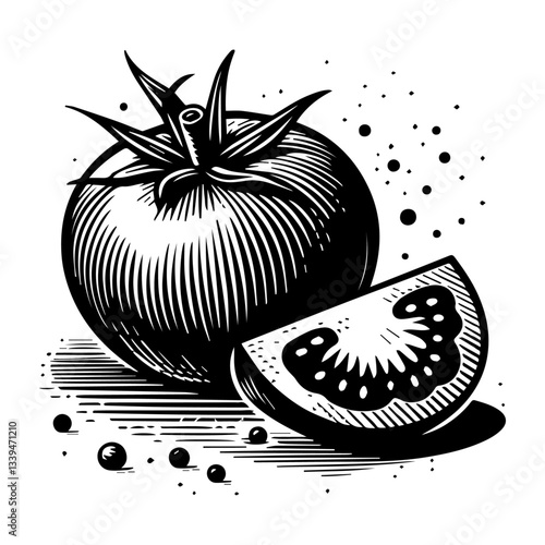 tomato whole and slice, engraving style vector, vintage hand-drawn food illustration