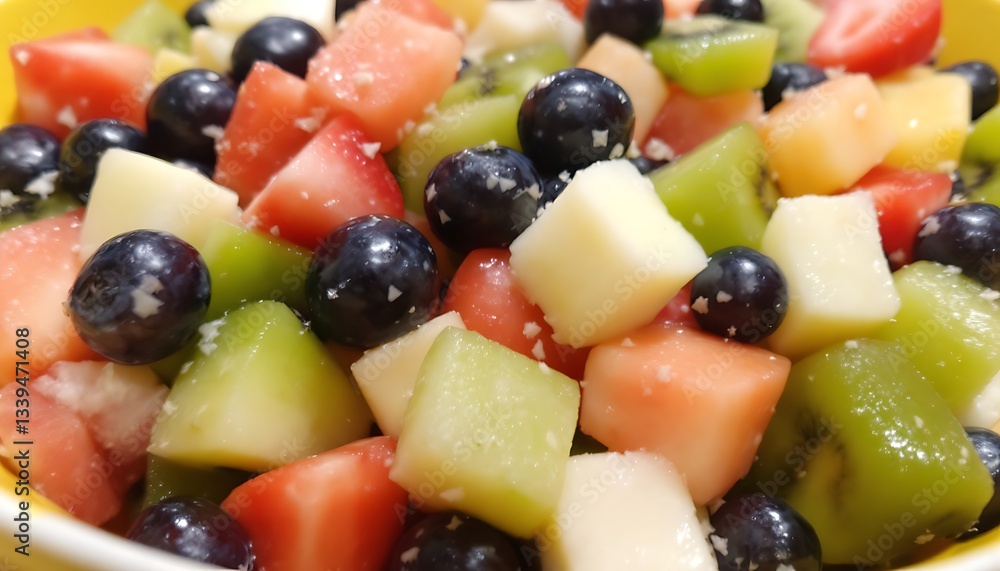 A close up shot of a colorful fruit salad with strawberries blueberries and melon pieces in a bowl A close up shot of a colorful fruit salad with strawberries blueberries and melon pieces in a bowl