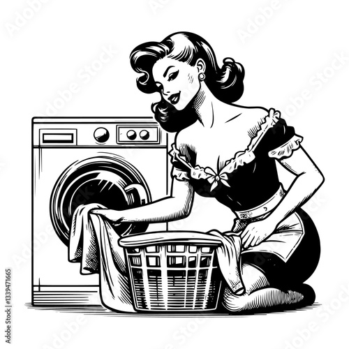 retro woman with laundry and washing machine vector