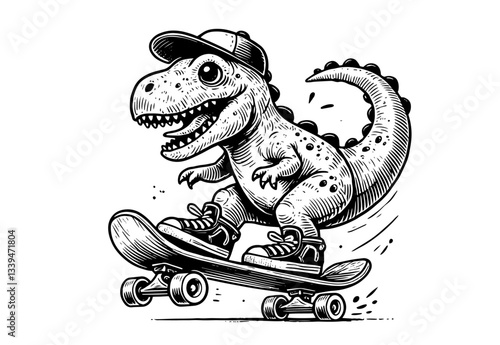 skateboarding dinosaur wearing hat and sneakers, cartoon style black and white vector