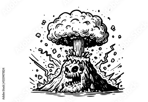 exploding volcano with skull and smoke cloud, black and white cartoon vector illustration