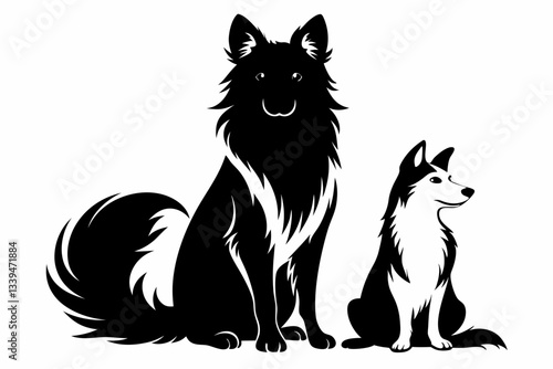 a dog and a ragdoll sitting together line art silhouette vector illustration