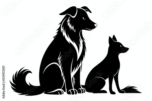 a dog and a ragdoll sitting together line art silhouette vector illustration