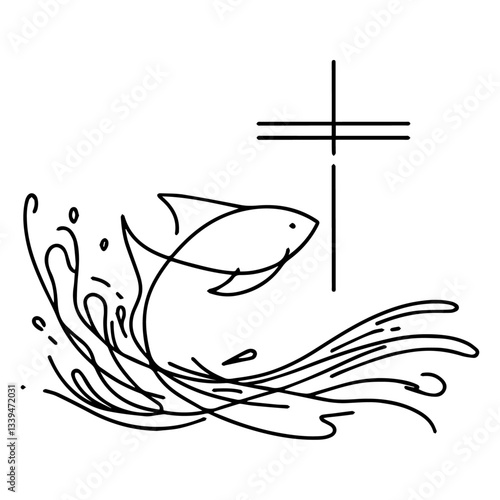 minimalist line art of christian fish jumping near cross and water splash vector