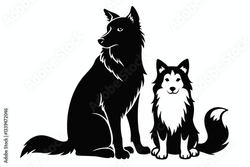 a dog and a ragdoll sitting together line art silhouette vector illustration
