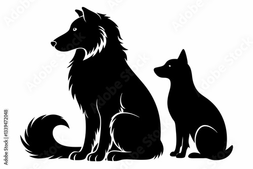 a dog and a ragdoll sitting together line art silhouette vector illustration
