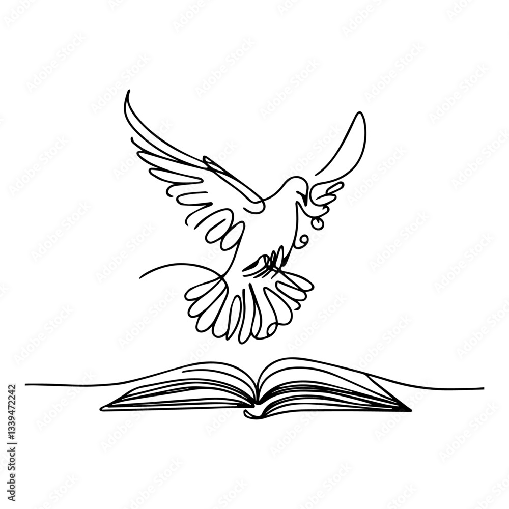 Fototapeta premium vector dove flying above bible line art