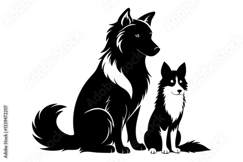 a dog and a ragdoll sitting together line art silhouette vector illustration