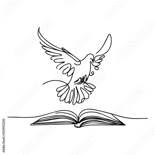 vector dove flying above bible line art