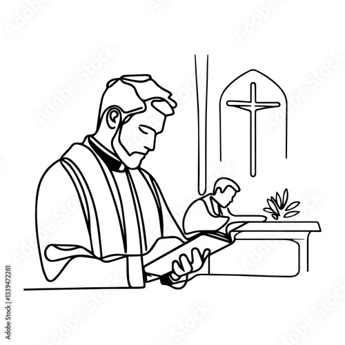 priest reading scripture, one line drawing vector, minimalist catholic church illustration of faith and prayer
