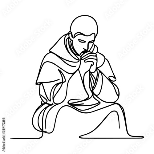 kneeling monk in prayer, one line drawing vector, minimalist religious illustration of humility and devotion