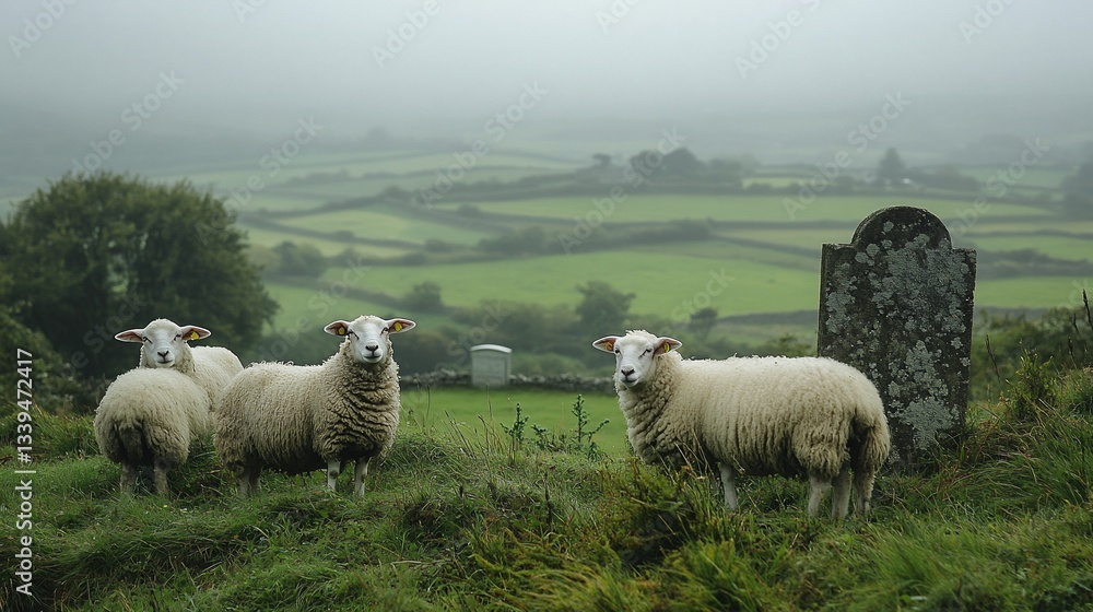 Obraz premium Sheep grazing misty green hills; ancient stone. Landscapes