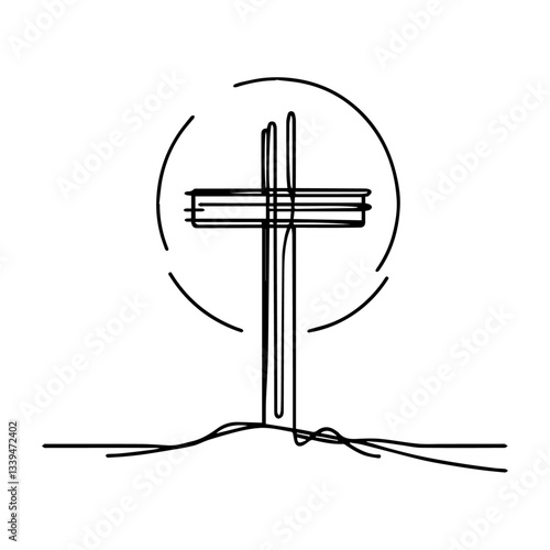 christian cross with halo, one line drawing vector, minimalist religious symbol of faith and spirituality