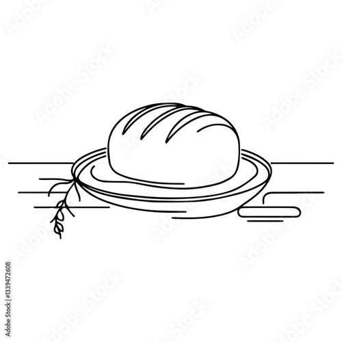 minimalist vector drawing of a loaf of bread on a plate with wheat, representing nourishment, tradition, and spirituality