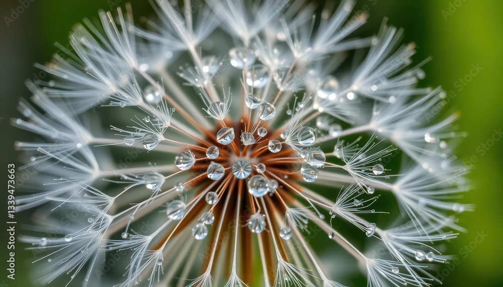 Fototapeta premium Close-up of dew-laden dandelion seed head, delicate, fragile, pure, flora