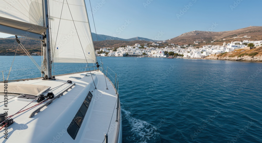 Sailing Along Coastline with White Buildings and Clear Blue Sky Sailing Along Coastline with White Buildings and Clear Blue Sky