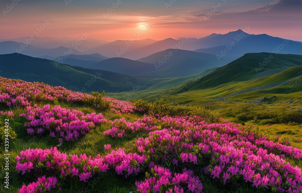 Blooming Rhododendrons on Mountain Meadow at Sunset in Carpathians Blooming Rhododendrons on Mountain Meadow at Sunset in Carpathians