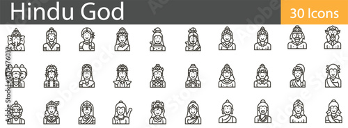 Hindu Symbols and Sacred Elements Line Icons Set. Collection of 30 outline icons representing spiritual symbols, sacred items, and traditional Hindu elements. Editable stroke vector illustration.