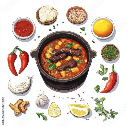 A stylized overhead view of a hearty dish and ingredients