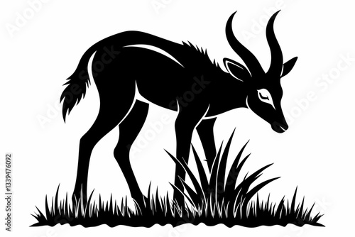 chamois eat grass line art silhouette vector illustration
