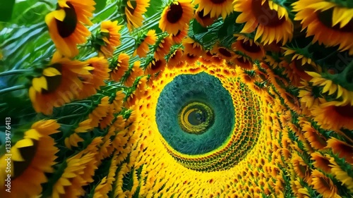 Vibrant swirling spiral tunnel of sunflowers, cheerful nature-inspired art.