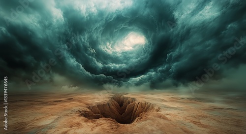 Dramatic Swirling Storm Clouds Gather Over Cracked Earth in a Barren Landscape