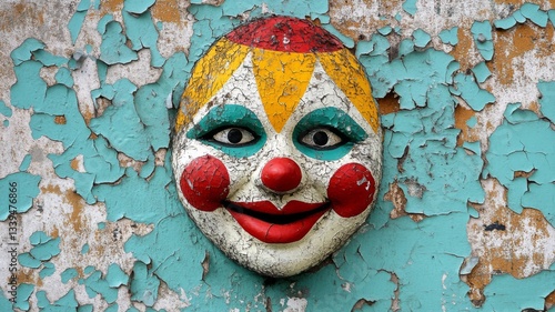 Weathered Clown Mask on a Cracked Wall